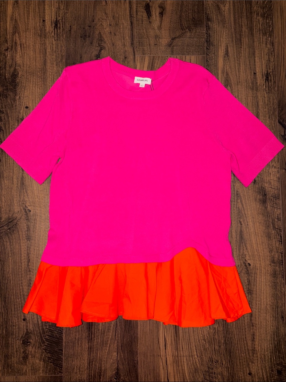 NWT Sugarlips Hot Pink Top with Bright Orange Ruffle Hem - Picture 6 of 13